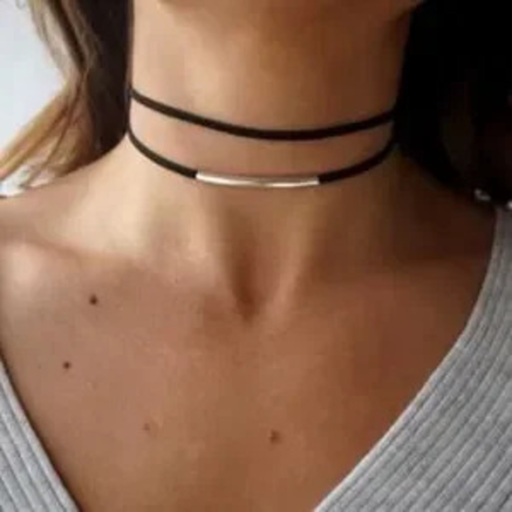 Black Velvet Silver Choker Necklace Double Layer velvet